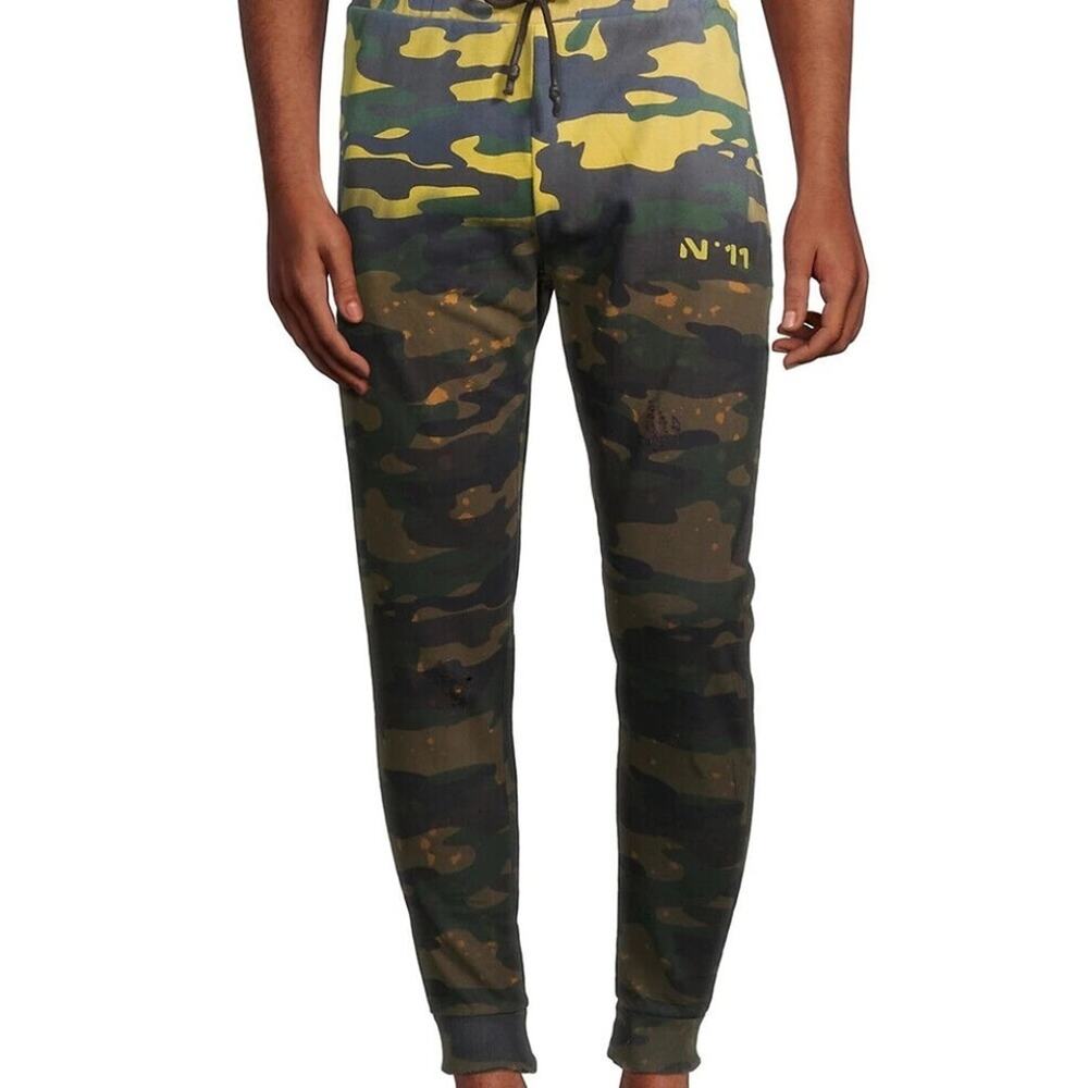 Eleven Paris Men's Acid Green Camo Distressed Jogger Pants Size S